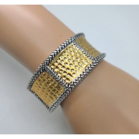 Vintage Premier Designs Mixed Metal Gold & Silver Hammered Hinged Cuff Bracelet - Picture 1 of 8
